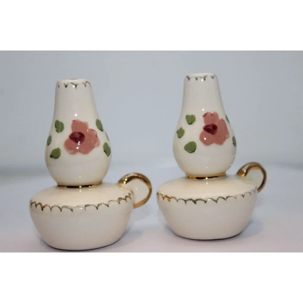 Salt & Pepper Shakers - Vintage Poinsettia Studios CA Ceramic Lanterns & Tray